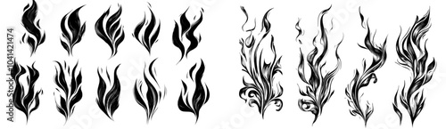 Anime graphic of black ink silhouettes and fire flame explosion effect. Modern isolated illustration. Inferno, cartoon, blaze, comic.