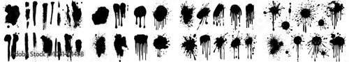 A set of abstract ink blot textures. A bundle of melting paint elements. A black splash icon. An artistic and creative hand drawn layout.