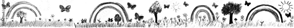 Naklejka premium An illustration set of hand drawn modern illustrations of a summer landscape with flowers and trees by a child, done in felt pen
