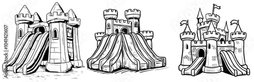 A trampoline park with a medieval castle theme in monochrome for kids. Simple minimalistic modern drawing with black ink on transparent background.