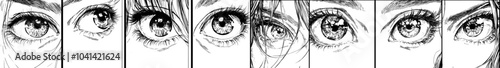 Ink sketch of an asian girl with a anime look. Some eyes view emotions, while others look at the bangs on her face and the manga frame comic. Concepts isolated on white with grayscale ink colors.