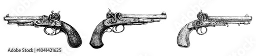 Printed vintage engraving of a pirate musket and pistol. Black outline.