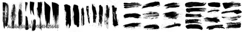 Grungy paint brush strokes collection. Calligraphy straight smears, stamps, lines. Hand drawn ink illustration isolated on white. Modern black paint, ink brush stroke, line or texture.