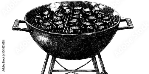 Doodle vintage illustration of a barbecue grill and firewood set on white background. Decorations for cafe menus and labels. Engraved image.