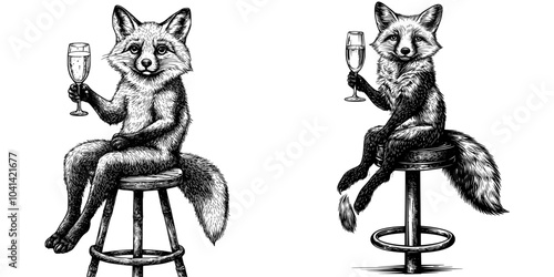 Vintage retro illustration of a cute fox drinking sparkling wine. Black and white.