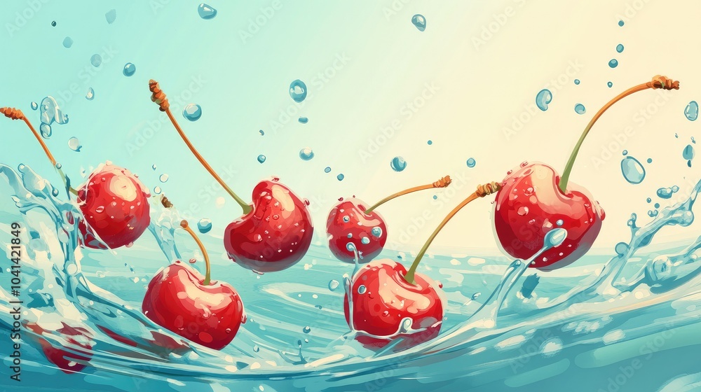 A whimsical scene of cherries splashing in water, illustrated with cartoon-like charm. The bright red fruits and lively water droplets give the image a playful, fun atmosphere. A whimsical scene of cherries splashing in water, illustrated with cartoon-like charm. The bright red fruits and lively water droplets give the image a playful, fun atmosphere.