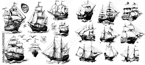 Modern sketch drawing set featuring an antique wooden multi-deck pirate ship