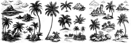 Collection of modern monochrome sketch drawings on a white background depicting a small tropical island with palm trees