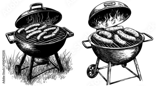 The barbecue grill emblem is a vintage monochrome illustration for cooking juicy meat on an open fire during a picnic in the summer.