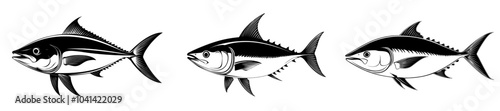 Vintage engraved illustration of tuna fish in blue color. Seafood icon. Icon, logo. Vintage engraving. Modern drawing. Hand-drawn illustration.