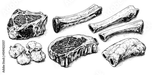 Handmade monochrome modern sketches of grilled beef steaks, pieces of meat, and ribs. Vintage illustration. Menu decoration.