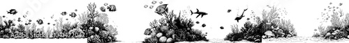 In the underwater world clipart are whales, turtles, octopuses, sea horses, starfish, shells and coral. Hand drawn graphic illustration in black ink. Border, template, frame EPS modern format.