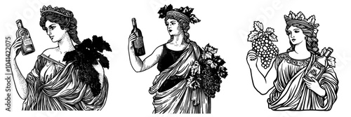 An illustration of an old woman with a bottle of wine and a bunch of grapes. Scratch board imitation. Black and white.
