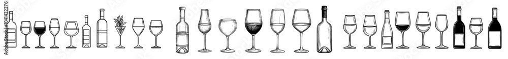 Modern illustration of drinking with linear glasses and bottles. Bar and menu icons. Modern illustration of drinking with linear glasses and bottles. Bar and menu icons.