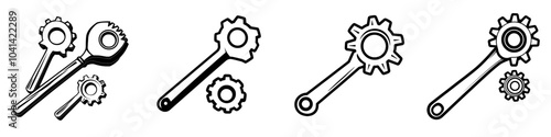 Set of gears and wrenches in black ink on transparent background. Simple minimalistic modern in black ink drawing.