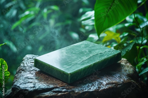 Ground level angle view, surface of polished jade stone, with a cinematic surrounding of misty tropical rainforest, warm green lighting, and deep emerald tones, showcasing copy space, ad promo 