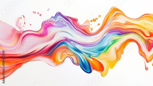 Abstract colorful paint waves form a sweeping, rainbow-like motion across a white canvas, showcasing vibrant energy and fluidity in this artistic capture.