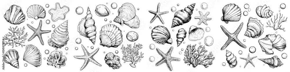EPS clip art set showing shells, pebbles, corals, starfish, algae and bubbles. Hand drawn underwater world. EPS clip art set showing shells, pebbles, corals, starfish, algae and bubbles. Hand drawn underwater world.