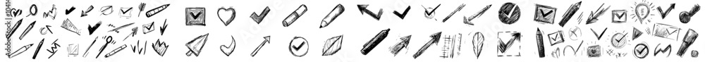 Drawn crayon texture elements. Arrows, crosses, mathematical marks, checkmarks, strikethroughs, underlines, wavy, straight, outlined lines, parentheses, and scribbles. Drawn crayon texture elements. Arrows, crosses, mathematical marks, checkmarks, strikethroughs, underlines, wavy, straight, outlined lines, parentheses, and scribbles.