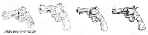 Drawn in a vintage retro style with a revolver handgun and six shooters