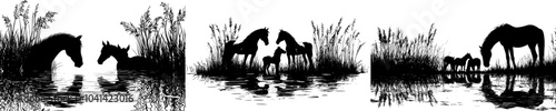 This silhouette illustration shows multiple horses grazing near a water body, with reflections visible, portraying equine harmony, tranquility, and tranquility.