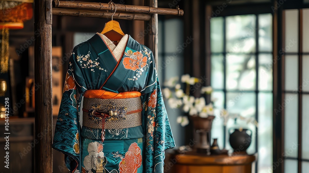 Elegant Japanese Kimono with Intricate Obi Detail Elegant Japanese Kimono with Intricate Obi Detail