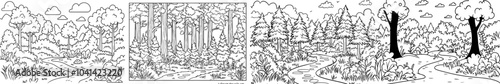 Illustration of a forest path with trees and dense foliage in monochrome