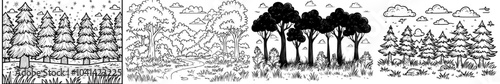 Grass and tall trees in a black and white forest meadow illustration
