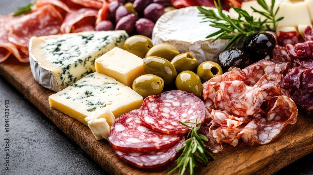 Assorted cheeses cured meats olives and fresh herbs arranged on a wooden platter creating an inviting gourmet charcuterie board Assorted cheeses cured meats olives and fresh herbs arranged on a wooden platter creating an inviting gourmet charcuterie board