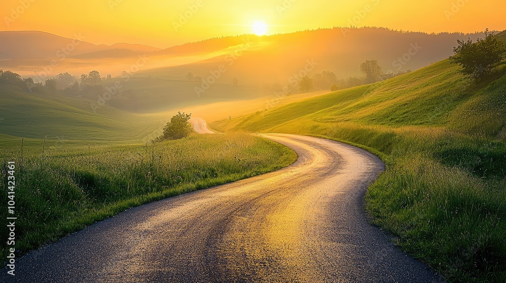 Winding Road Through Tranquil Countryside at Sunrise Winding Road Through Tranquil Countryside at Sunrise