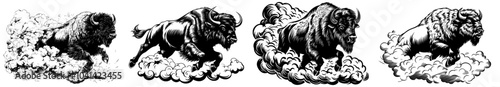 This powerful, black and white illustration of a bison charging emphasizes its strength and movement.