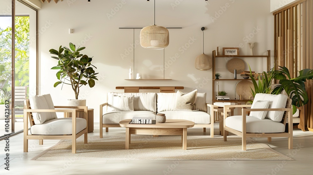 Fototapeta premium Minimalist, japandi interior design of modern living room - an elegant and serene space. This modern living room showcases a minimalist Japandi interior design, with clean lines and a harmonious blend