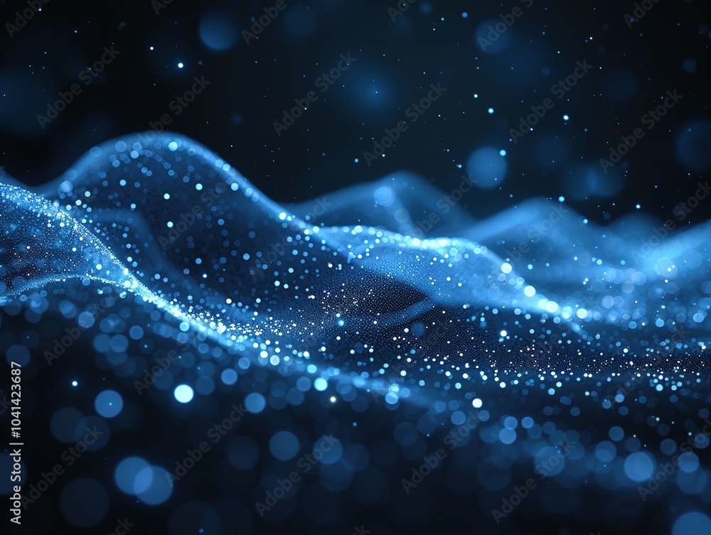 Abstract blue waves with sparkling particles creating a dynamic, ethereal atmosphere. Abstract blue waves with sparkling particles creating a dynamic, ethereal atmosphere.