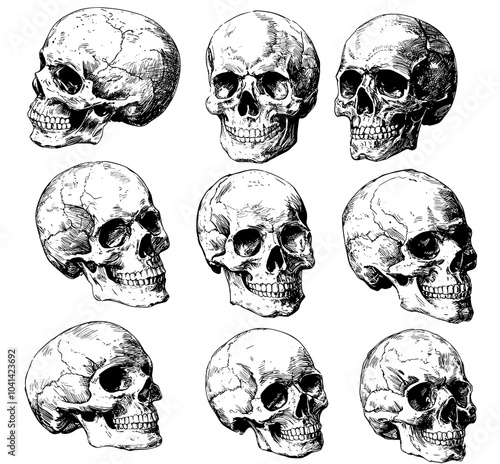 Skulls sketch modern collection. Skull remains skeletal jaws crypt tattoo burial deceased anatomy isolated monochrome illustrations on white background.