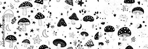 Stars and moons pattern with colorful mushrooms
