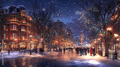 A snow-covered city square with people bundled up in winter coats shopping amidst twinkling holiday lights Stock Photo with side copy space