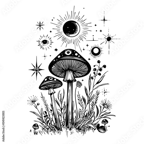 Illustration of natural elements and mushrooms in a whimsical blue color scheme