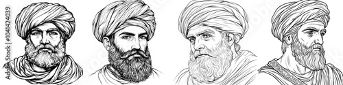 Illustration of Middle Eastern Man with Traditional Headwear Beard in Modern Drawing
