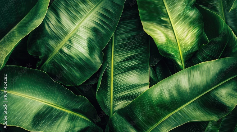 Obraz premium A thick cluster of vivid green banana leaves forms a rich tropical texture
