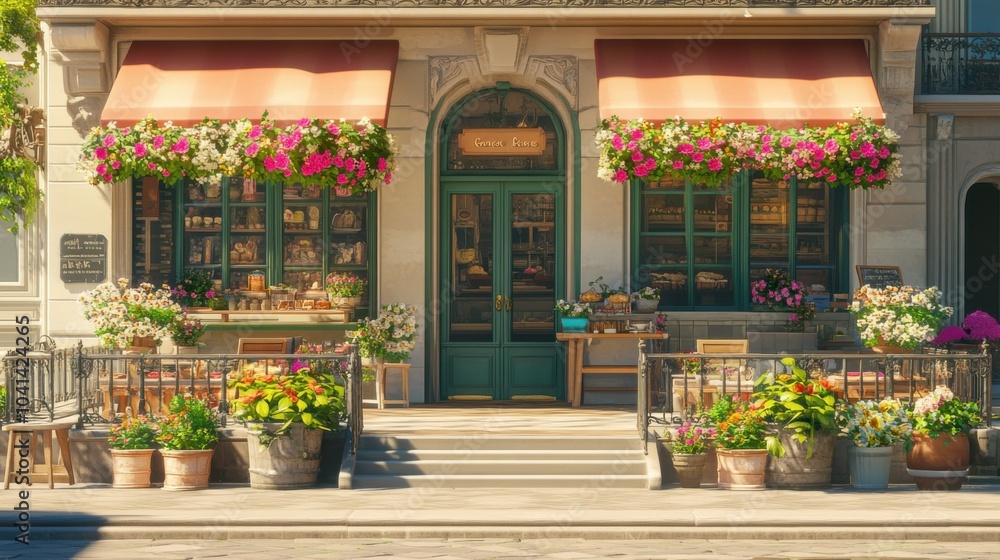 Charming Parisian Bakery Facade with Flower Display Charming Parisian Bakery Facade with Flower Display