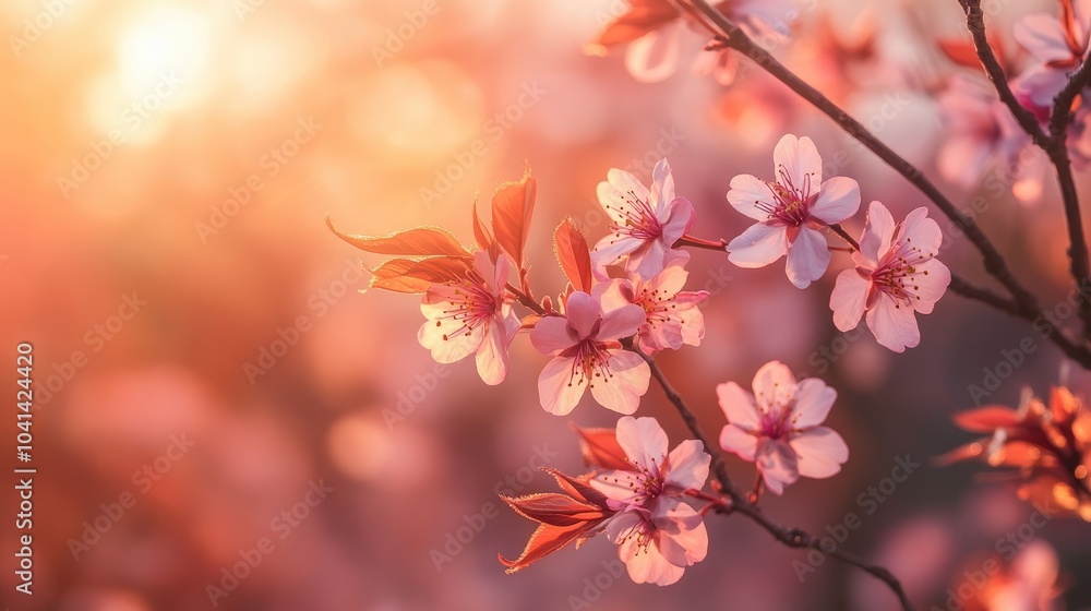 Soft focused cherry blossom branches illuminated by warm sunlight capturing the essence of springtime in nature Soft focused cherry blossom branches illuminated by warm sunlight capturing the essence of springtime in nature