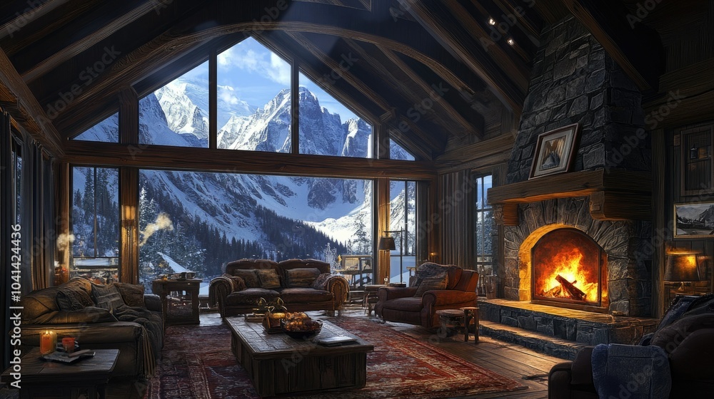 Alpine escape: roaring fire, windows framing snowy mountains, rustic interiors with modern touches, blending luxury with cozy warmth. Alpine escape: roaring fire, windows framing snowy mountains, rustic interiors with modern touches, blending luxury with cozy warmth.