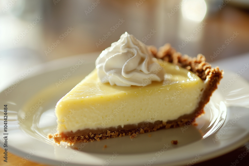 Tempting slice of refreshing lemon pie, topped with fluffy whipped cream and crunchy graham cracker crust. Generative AI Tempting slice of refreshing lemon pie, topped with fluffy whipped cream and crunchy graham cracker crust. Generative AI