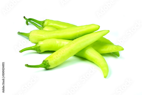 Heap of Fresh Big Green Chillies Pepper (Capsicum frutescens)isolated on white background close up