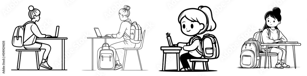 An illustration of a schoolgirl sitting on a desk with a backpack writing in a notebook in a single line An illustration of a schoolgirl sitting on a desk with a backpack writing in a notebook in a single line