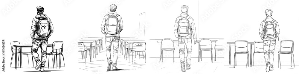 Fototapeta premium One-line drawing of a schoolboy with a backpack standing in front of an empty table, hands in pockets