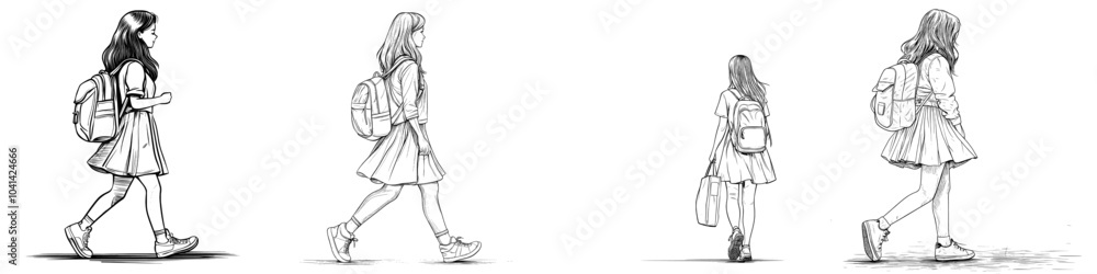 The hand of a schoolgirl girl leans towards a backpack in this modern drawing The hand of a schoolgirl girl leans towards a backpack in this modern drawing