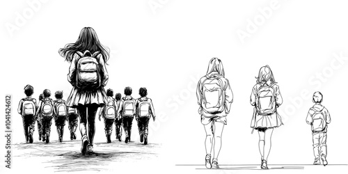 The drawing shows a girl with a backpack and the background is a group of children running