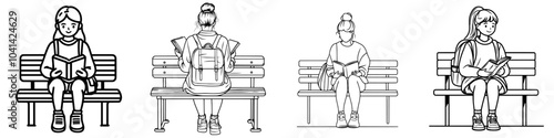 The drawing depicts a schoolboy girl with a backpack sitting on a bench and writing in a notebook