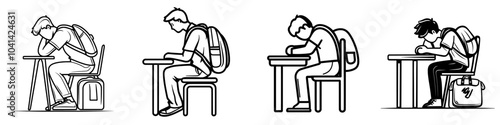 Drawing of a schoolboy in a backpack, sitting thoughtfully, clutching the back of his hand as he thinks